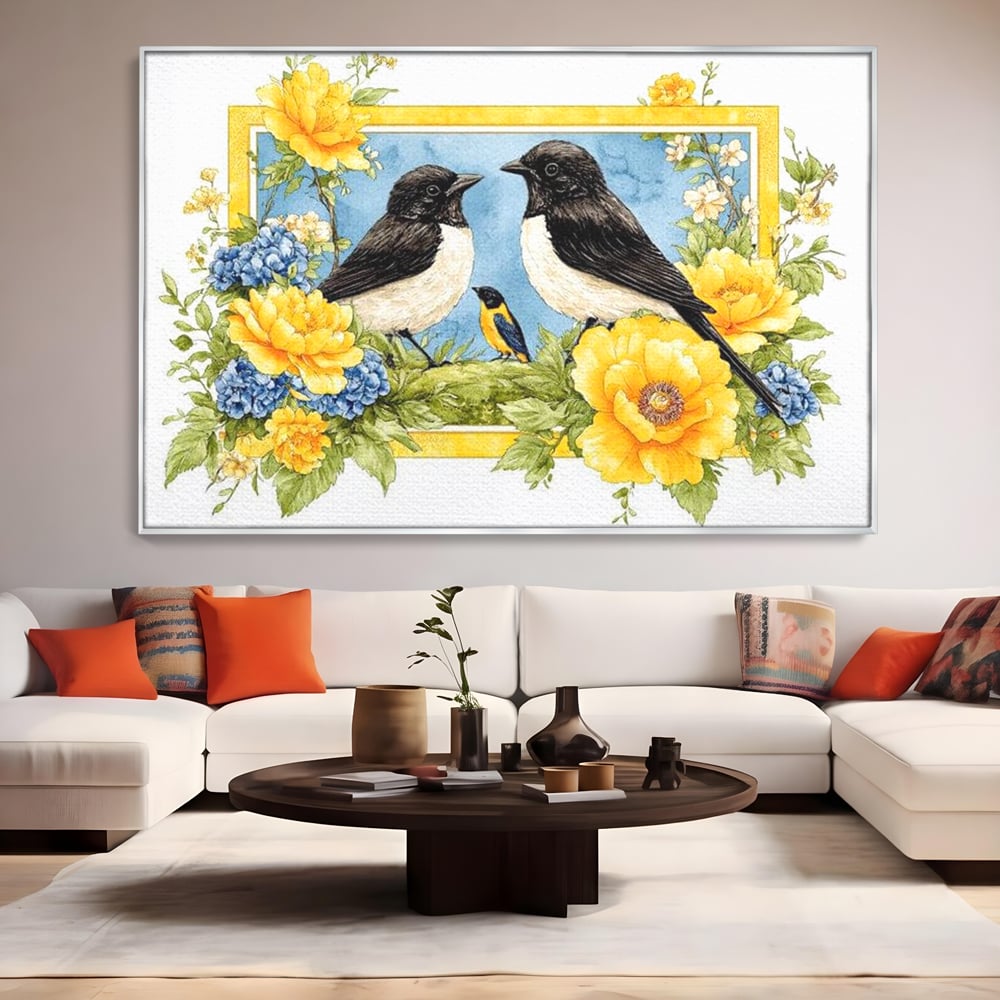 Tablou canvas cu tablou canvas cu pasari si flori, in rama de aluminiu argintiu, pe perete intr-un living